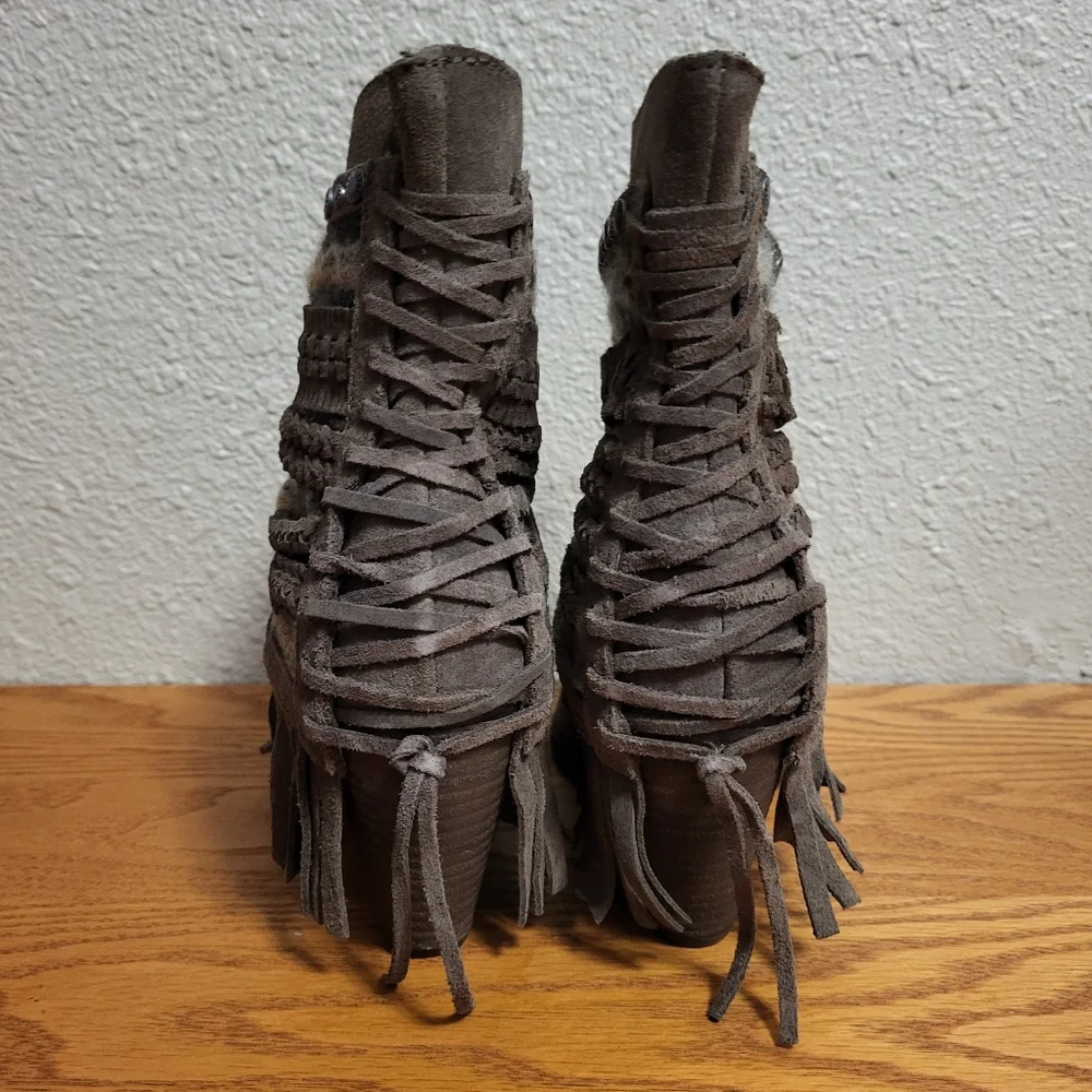 Naughty Monkey Brown Leather Fringe Poncho Heeled Booties Size 8